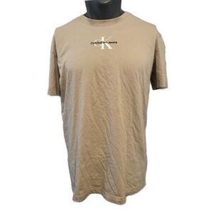 Calvin Klein Men’s Beige White Shirt Sleeve Crew Neck Logo T Shirt Top Large